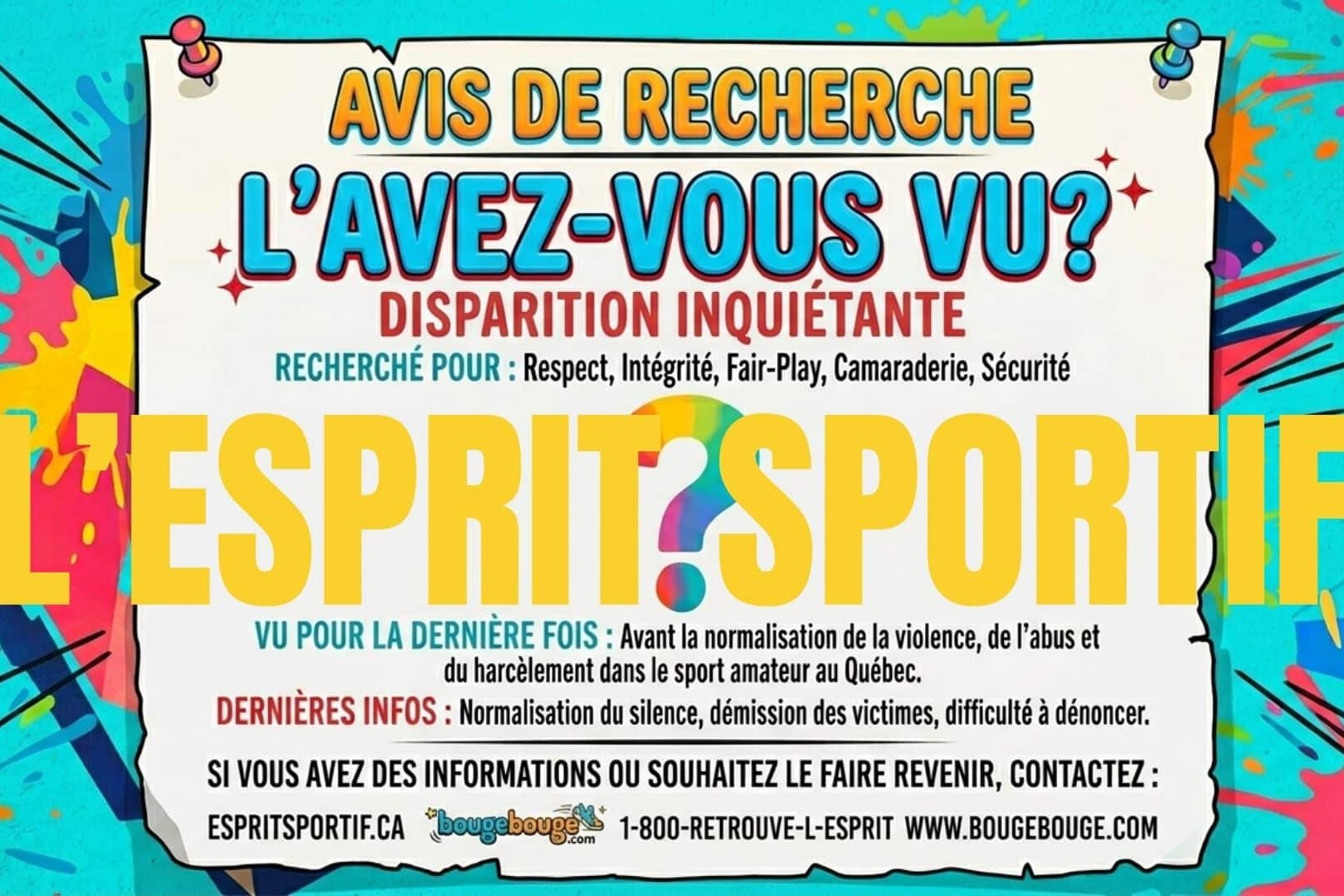 Affiche d'avis de recherche sur l'esprit sportif au Québec pour la prévention de la violence dans le sport amateur.